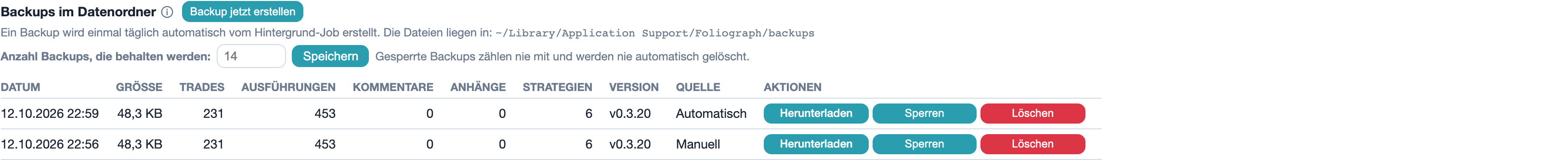 Einstellungen > Daten & Sicherung: Backups im Datenordner