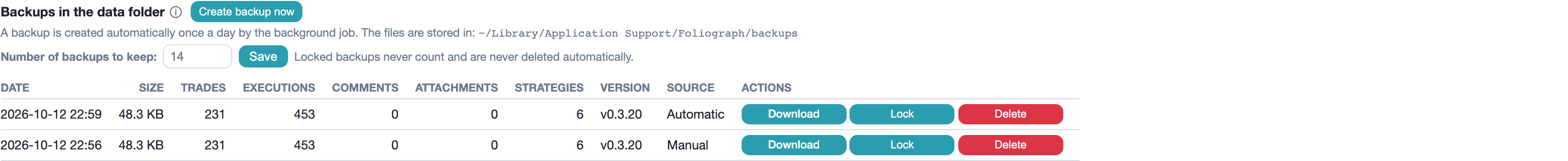 Settings > Data & Backup: backups in the data folder