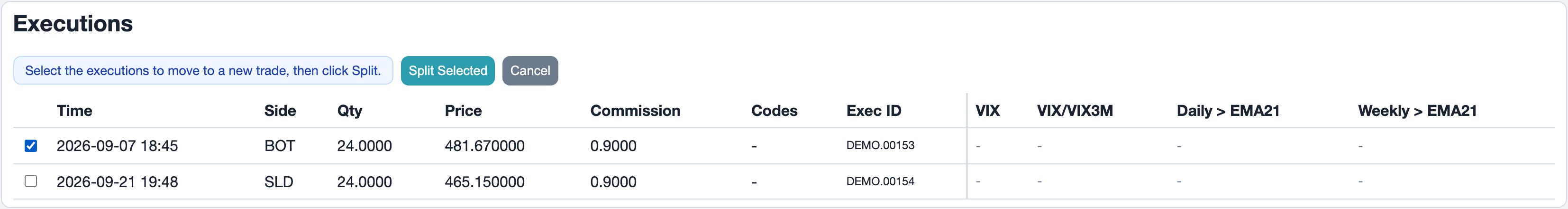 Trade page: executions in split mode