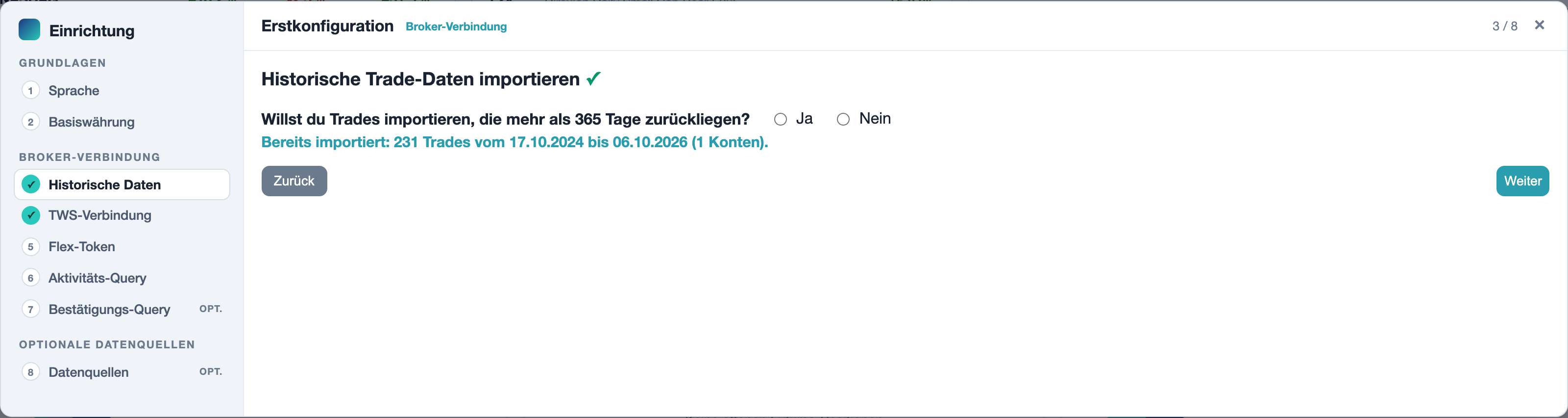 Einrichtungs-Assistent mit den acht Schritten