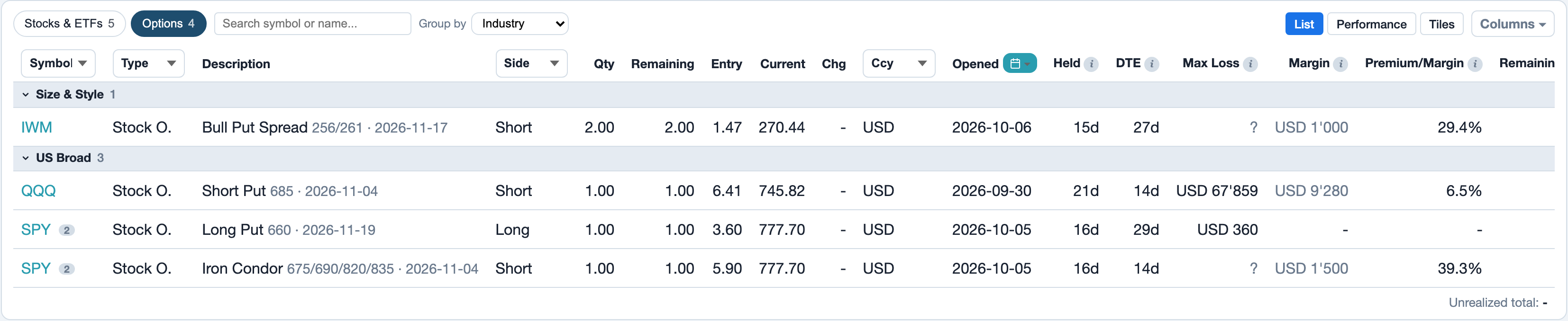 Portfolio, Positions with the Options chip, with the Margin and Premium/Margin columns