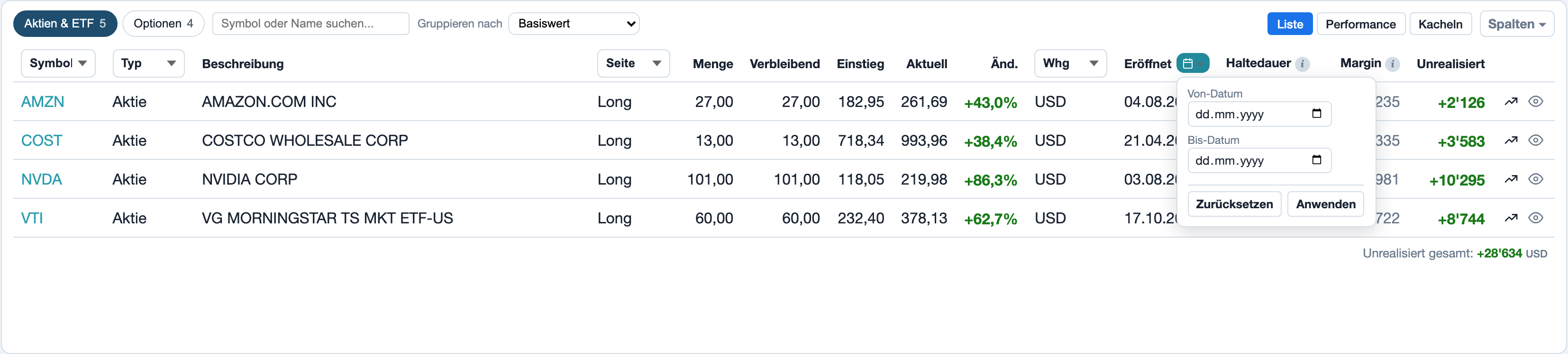 Portfolio, Positionen mit dem Chip Aktien & ETF: Datumsfilter der Spalte Eröffnet