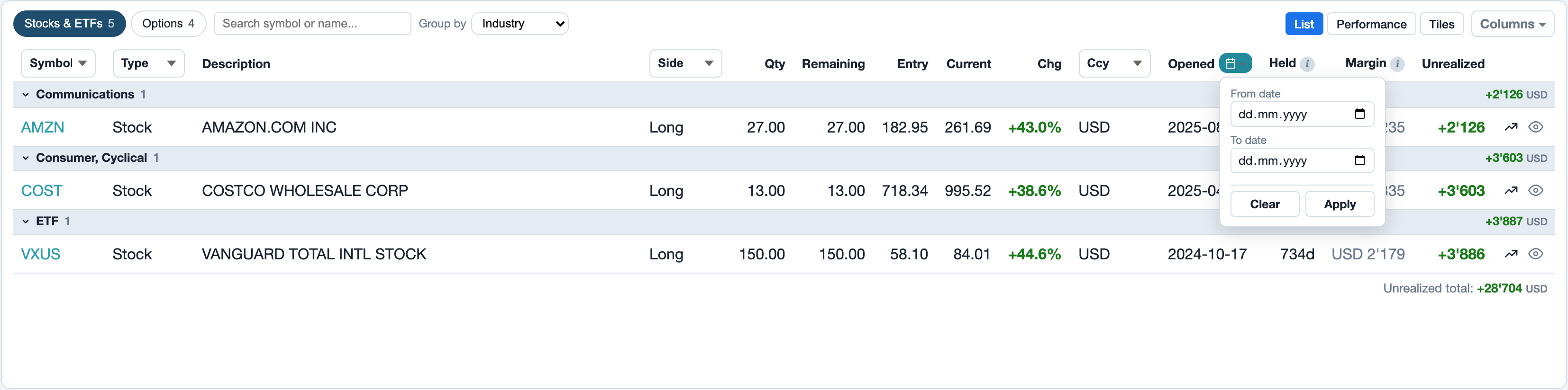 Portfolio, Positions with the Stocks & ETFs chip: date filter of the Opened column