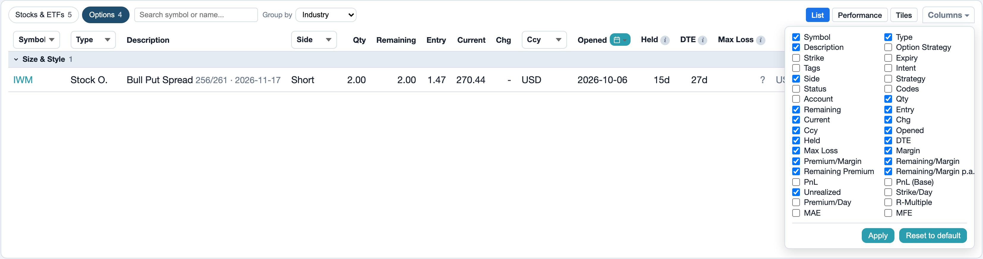 Portfolio, Positions with the Options chip: the column picker is open