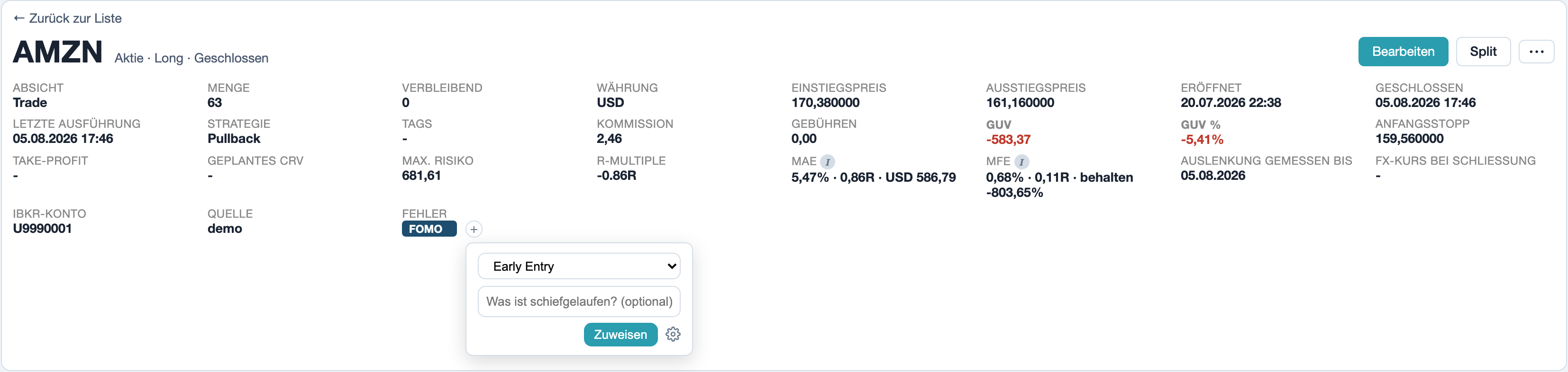Trade-Seite mit dem Fehler FOMO und dem geöffneten +: Auswahl, Feld Was ist schiefgelaufen? und Zuweisen