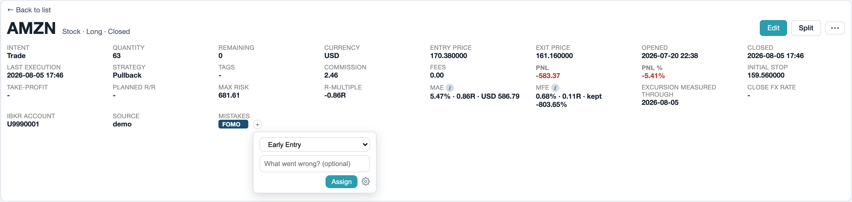 Trade page with the mistake FOMO and the + opened: dropdown, What went wrong? box and Assign