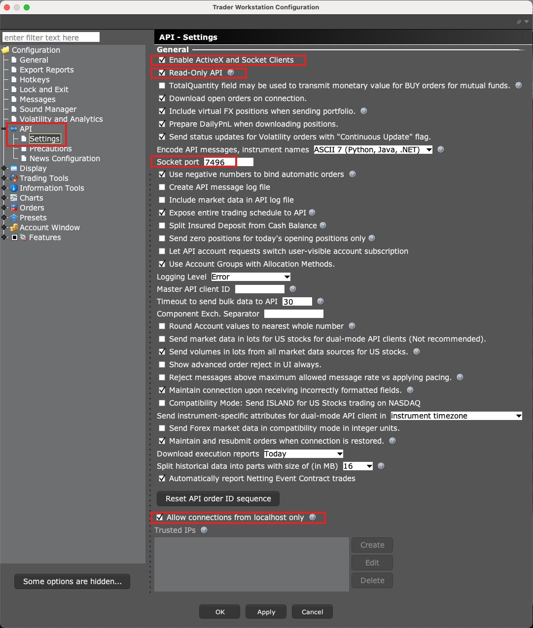 TWS: API settings with Read-Only API and localhost only