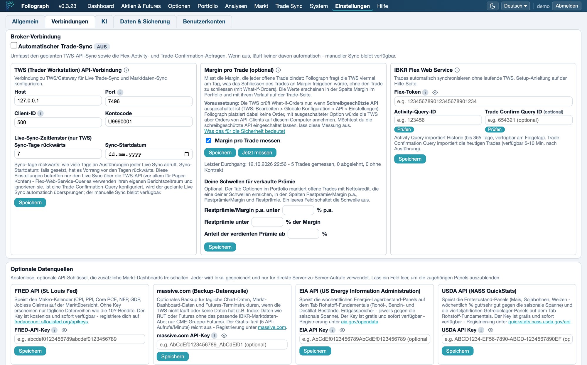 Foliograph Einstellungen, Verbindungen: IBKR Flex Web Service mit Flex-Token, Activity-Query-ID und Trade Confirm Query ID