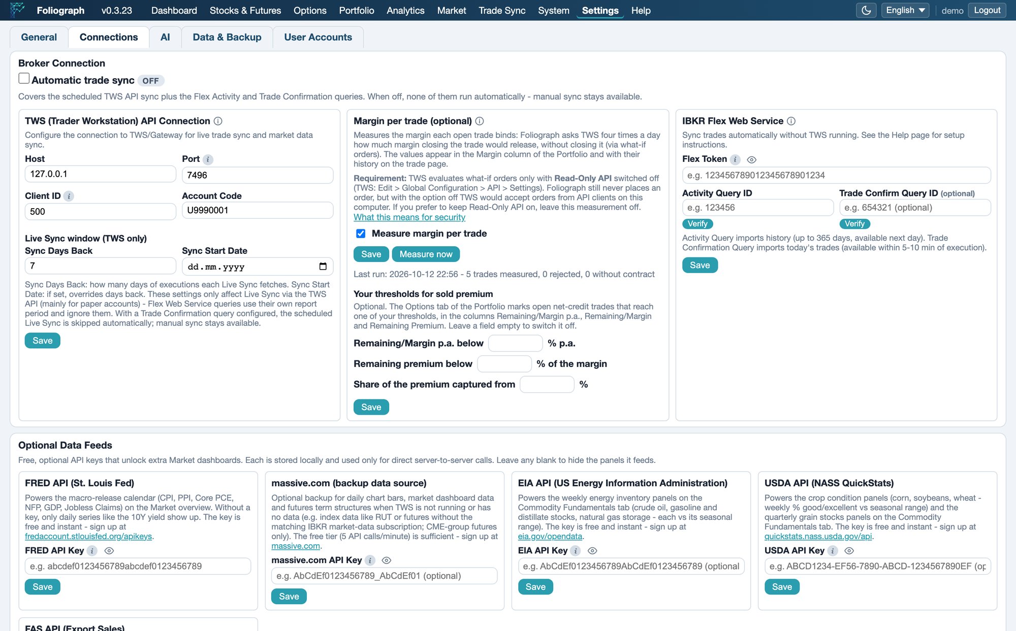 Foliograph Settings, Connections: IBKR Flex Web Service with Flex token, Activity Query ID and Trade Confirm Query ID